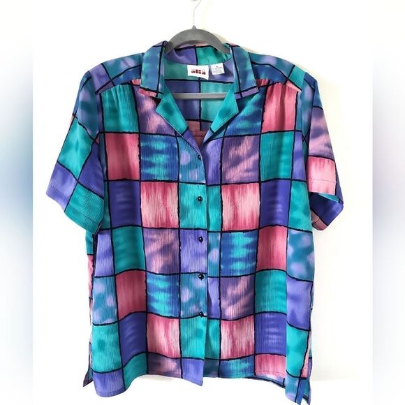 Vintage Coloured Square Short Sleeve Button Down Shirt - Picture 1 of 5